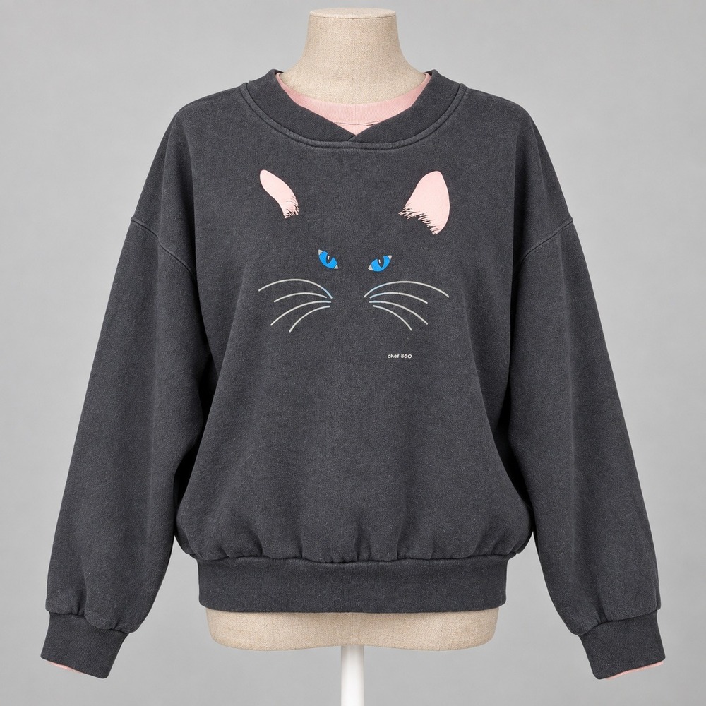 Vintage 90s Kitty Cat Graphic Sweatshirt Size L Black Cottagecore Retro Novelty